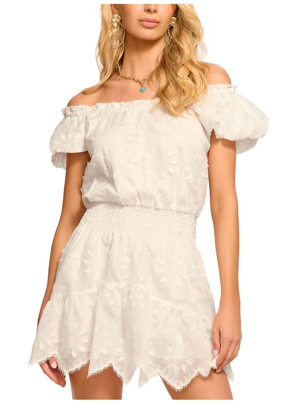 Ramy Brook Verona Ivory Off-Shoulder Floral Embroidered Organza Mini Dress-S